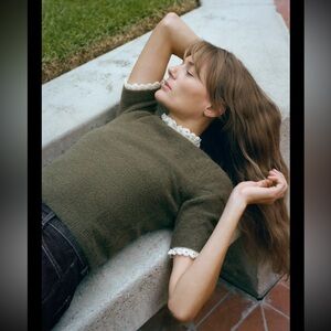 Zara Olive Green Sweater with White Trim